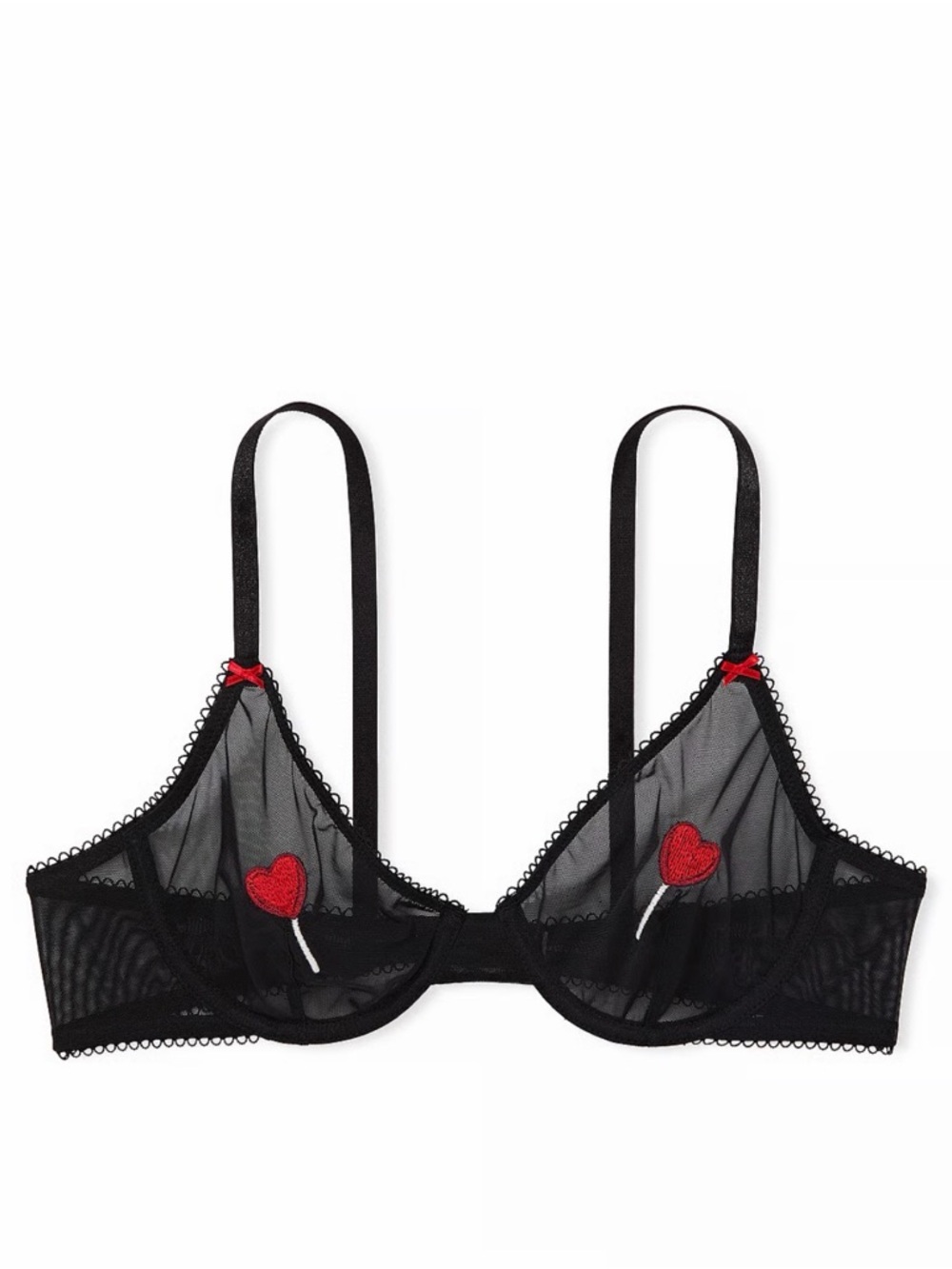 Small VS unlined Mesh Demi bra Black Embroidered Heart Lollipop - Picture 13 of 14